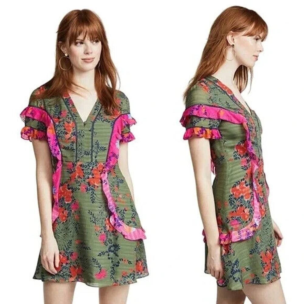 Tanya Taylor Dress Womens 4 Rhett Falling Floral Print Silk Mini Ruffles